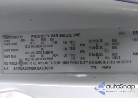 2019 Ford Transit-350 Xl z USA, uszkodzony, nr VIN 1FDZX2CM5KKA53664